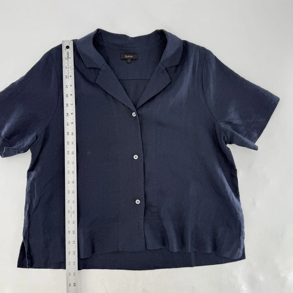 Quince Navy Blue 100% European Linen Button Up Blouse Sz L Boho Lagenlook - Picture 7 of 7